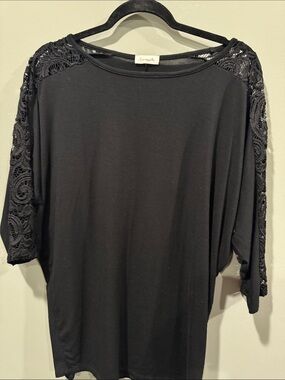 Loveappella Black Crochet-Sleeve Elbow Sleeve Top